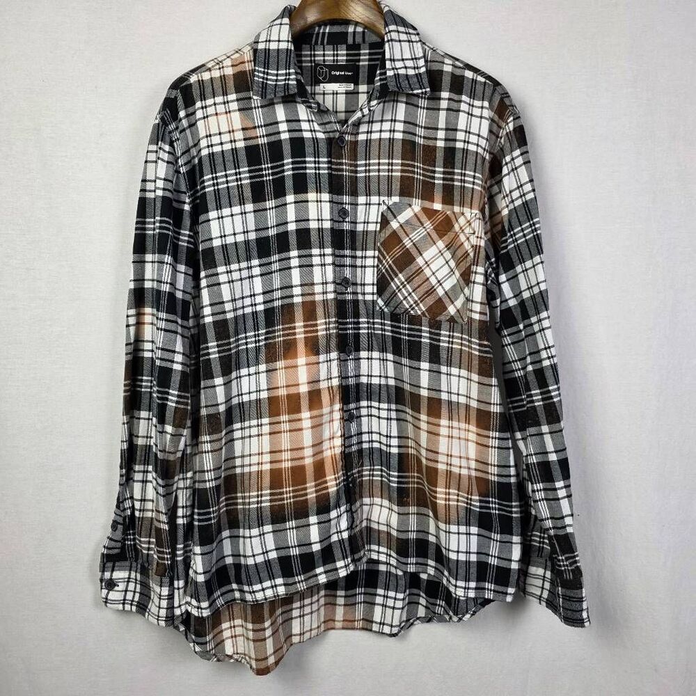 Original Use L Plaid Flannel Shirt Bleach Distressed